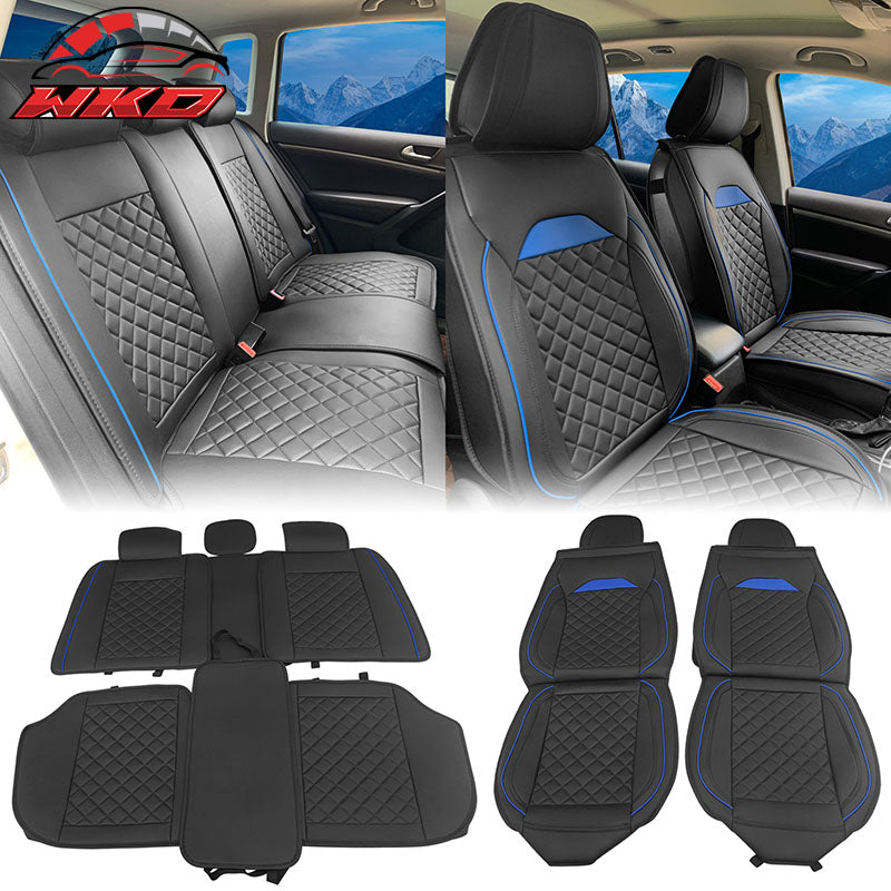 Universal Front Back Car Seat Cover 03 Style Black + Blue PU Leather 5-Seat Set