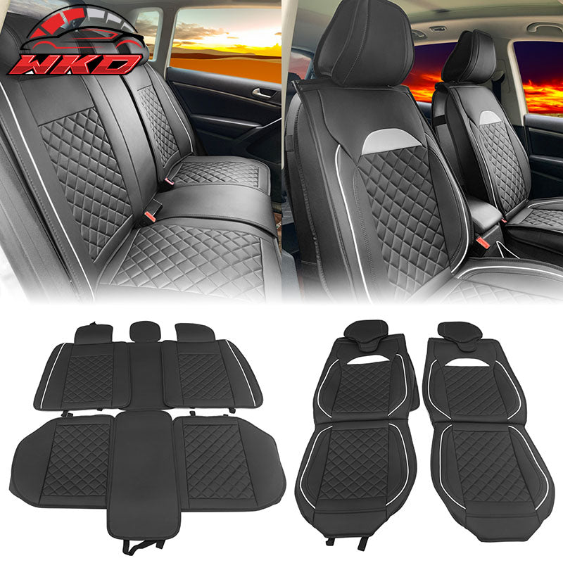 Universal Front Back Car Seat Cover 03 Style Black + White PU Leather 5-Seat Set