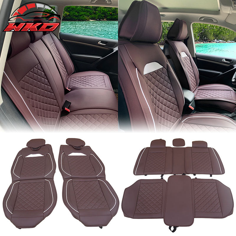 Universal Front Back Car Seat Cover 03 Style Brown + White PU Leather 5-Seat Set