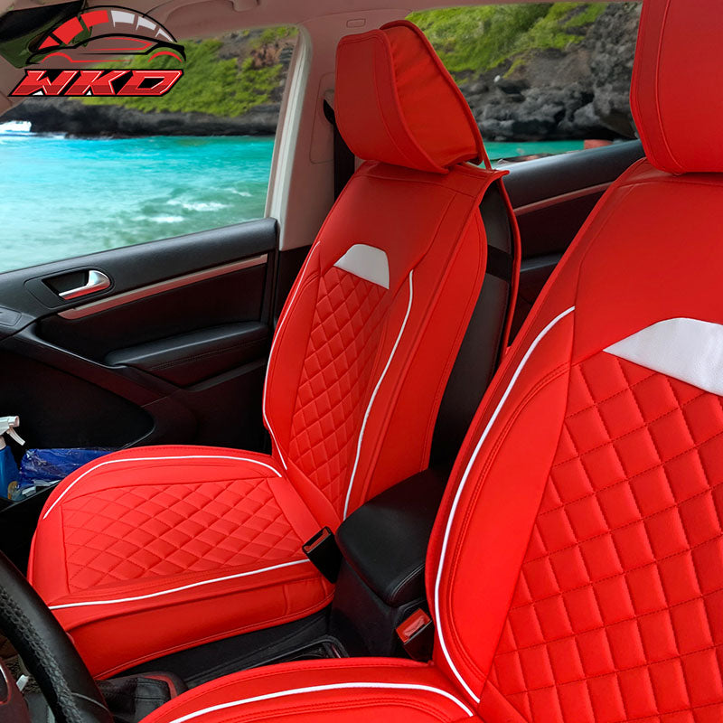 Wholesale Universal Front Back Car Seat Cover 03 Style Red + White PU Leather 5-Seat Set