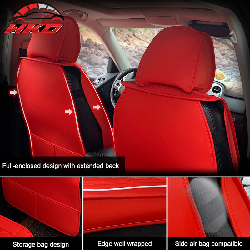 Universal Front Back Car Seat Cover 03 Style Red + White PU Leather 5-Seat Set