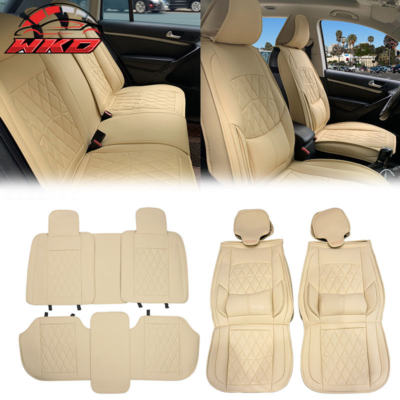 Wholesale Universal Beige PU Leather Car Seat Covers w/ Lumbar 04B Style 5-Seat Full Set