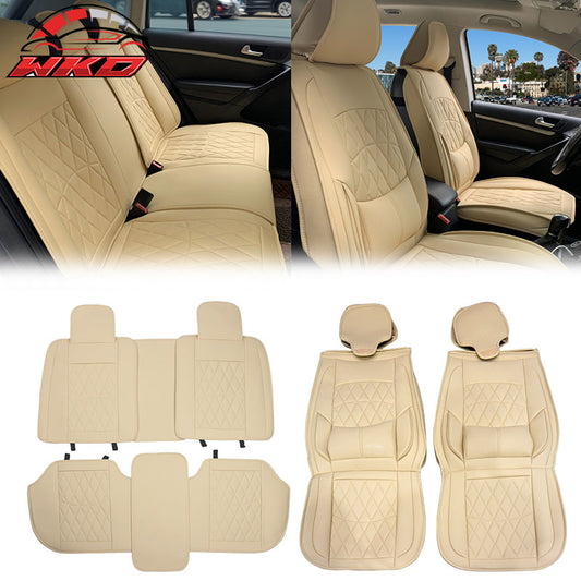 Wholesale Universal Beige PU Leather Car Seat Covers w/ Lumbar 04B Style 5-Seat Full Set