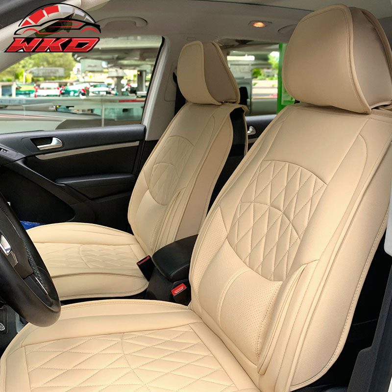 Universal Beige PU Leather Car Seat Covers w/ Lumbar 04B Style 5-Seat Full Set