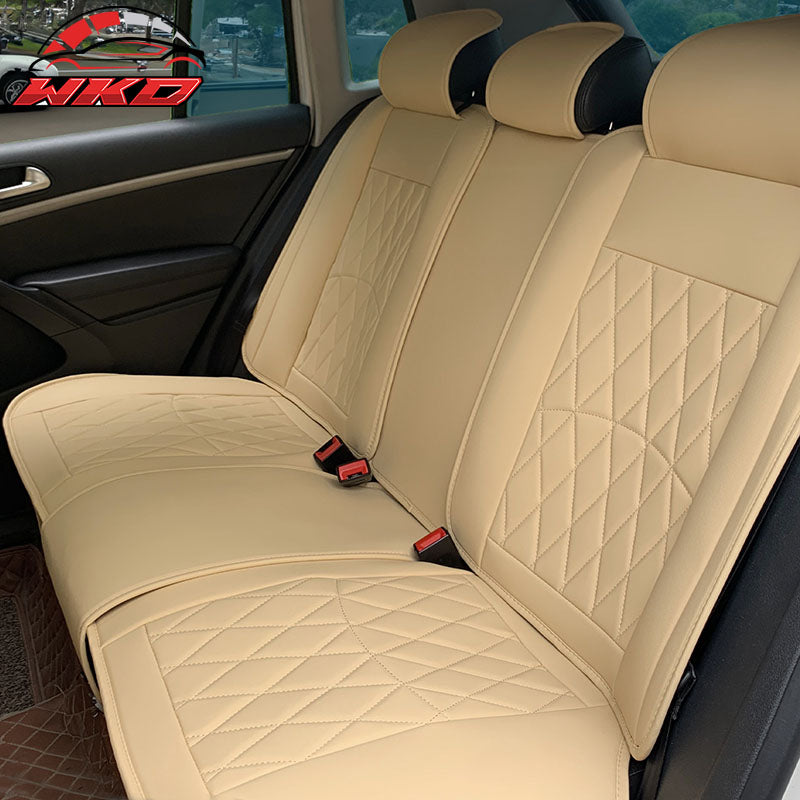 Universal Beige PU Leather Car Seat Covers w/ Lumbar 04B Style 5-Seat Full Set