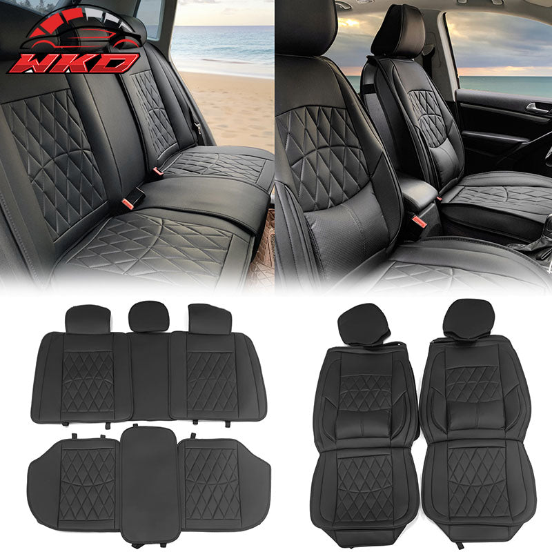 Universal Black PU Leather Car Seat Covers w/ Lumbar 04B Style 5-Seat Full Set