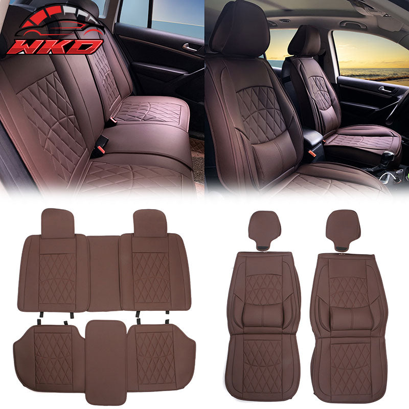 Universal Brown PU Leather Car Seat Covers w/ Lumbar 04B Style 5-Seat Full Set