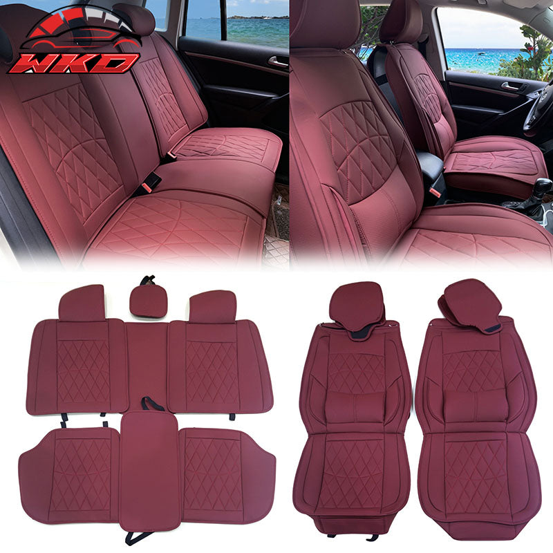 Universal Red PU Leather Car Seat Covers With Lumbar 04B Style 5-Seat Full Set
