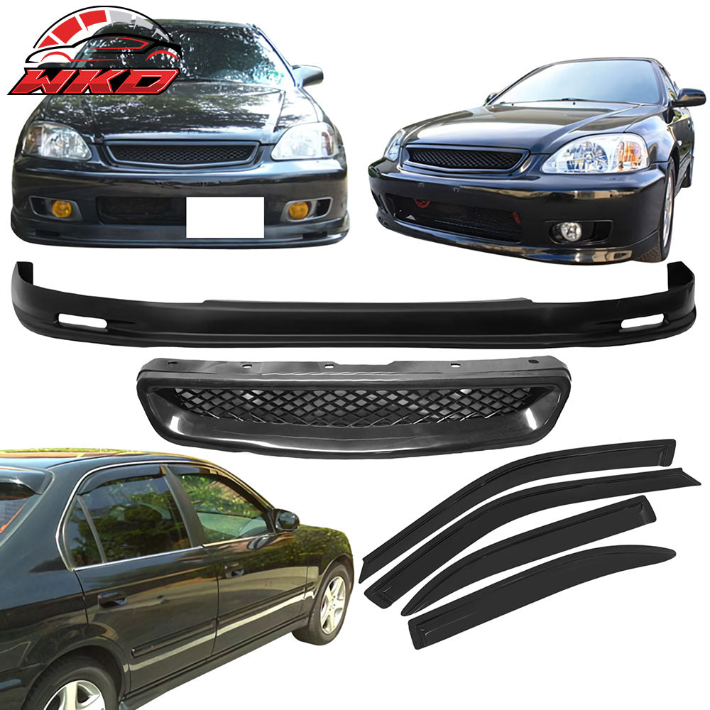 Fits 99-00 Honda Civic Mugen Front Bumper Lip PP + Grille + 4PCS Window Visors