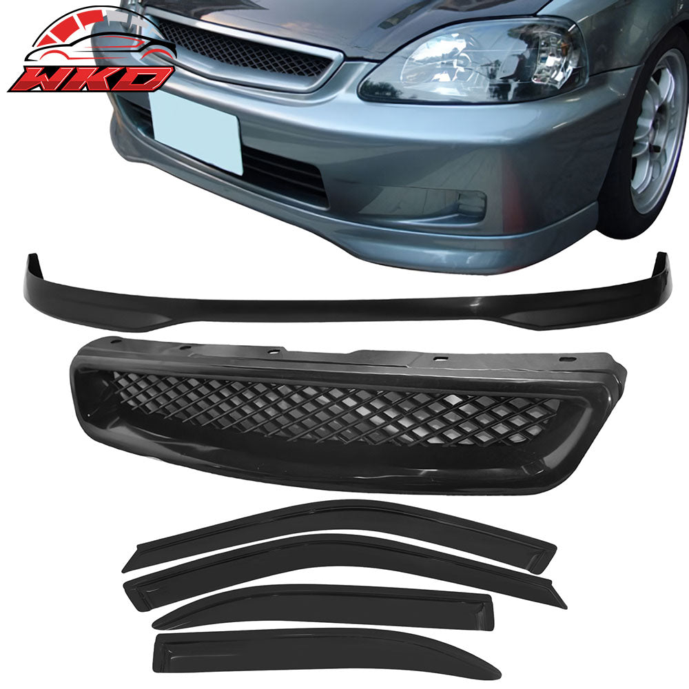 Fits 99-00 Honda Civic TR Style Front Bumper Lip PP + Grille + 4PCS Window Visor