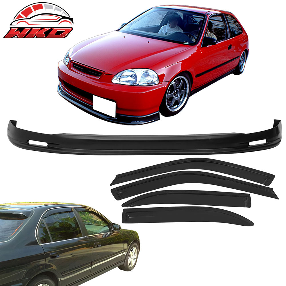 Fits 96-98 Honda Civic 4DR PP Front Bumper Lip Spoiler + Rain Guard Window Visor