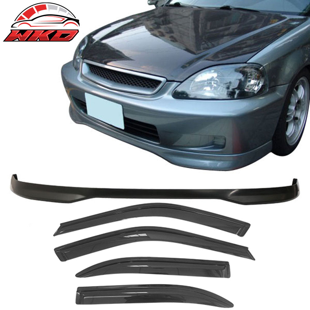 Fits 99-00 Honda Civic 4Dr EK Front Bumper Lip Spoiler PP + 4PCS Window Visors