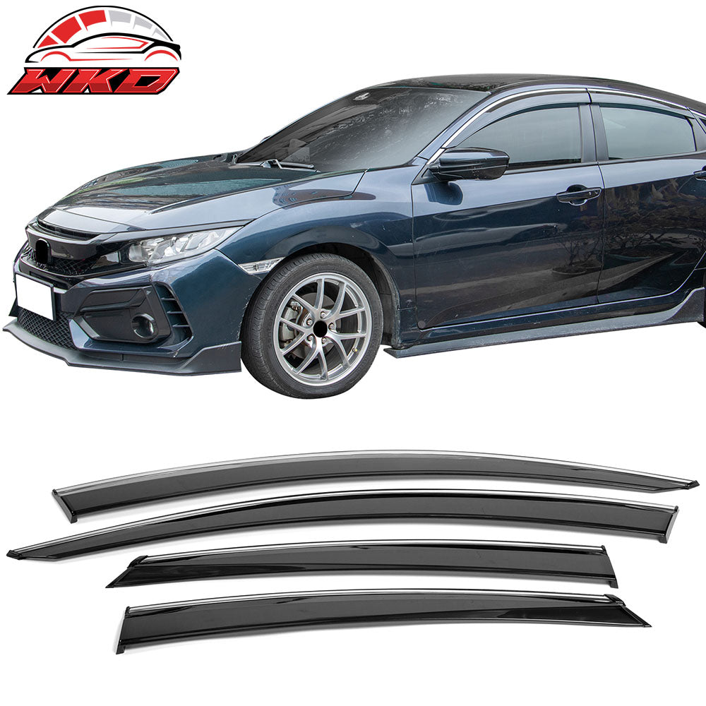 Fits 16-21 Honda Civic Sedan OE Style 4PCS Window Visors Sun Shade W/Chrome Trim