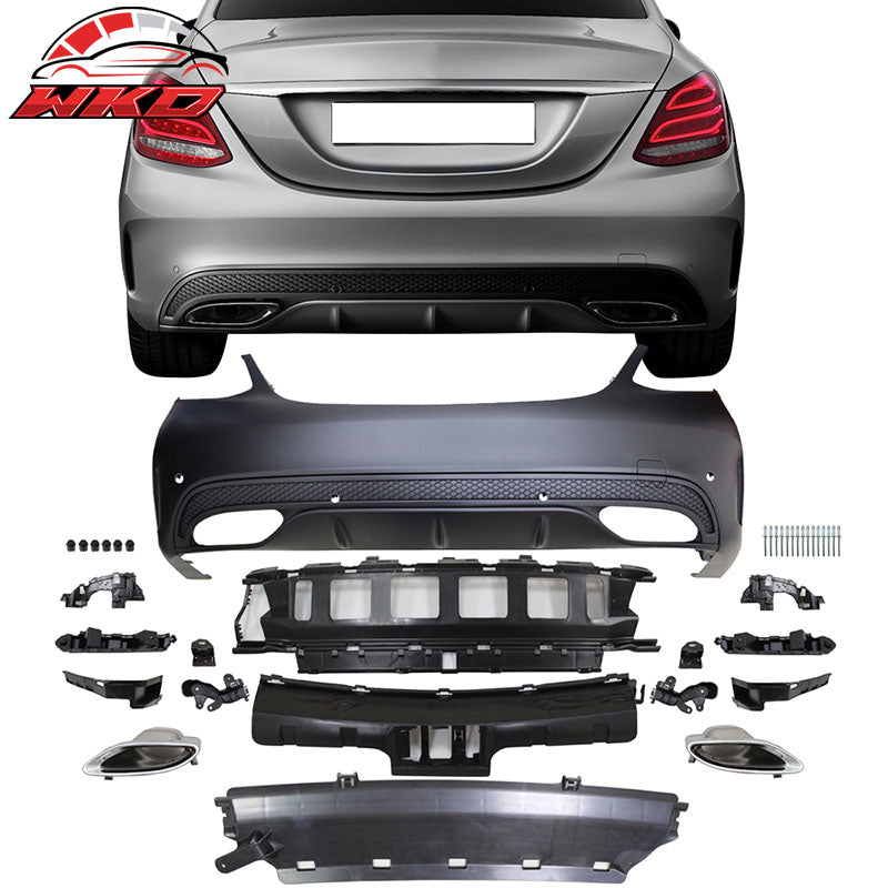 Fits 15-18 Benz C-Class W205 AMG Style Rear Bumper with Diffuser Muffler Tip -PP