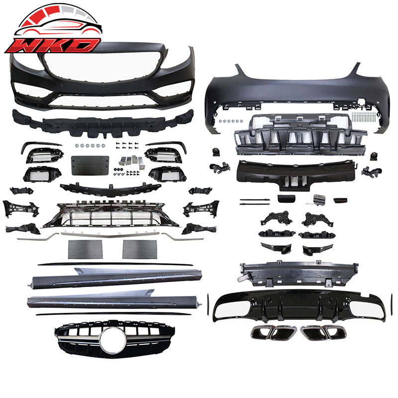 Wholesale 15-18 Benz W205 C63 AMG Style Bumper Kit w/ Silver Grill Tips Side Skirts