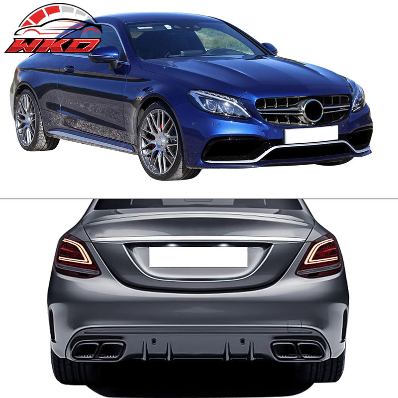 Fits 15-18 Benz W205 C63 AMG Style Bumper Kit w/ Silver Grill Tips Side Skirts