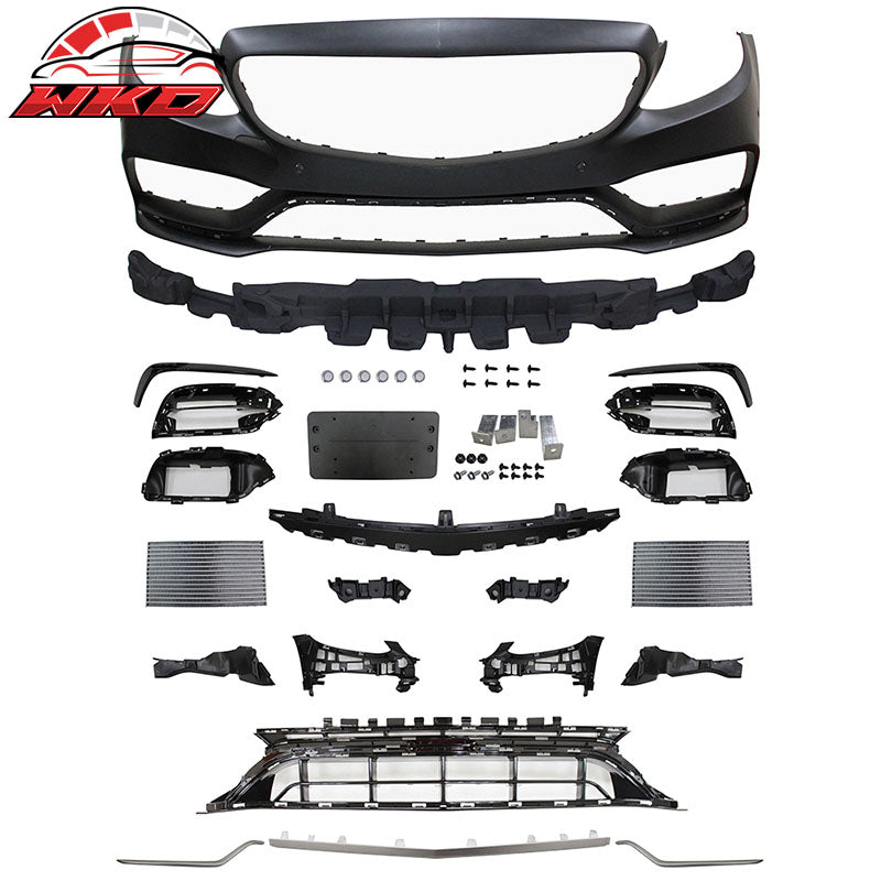 Fits 15-19 Benz W205 C63 AMG Style Front Rear Bumper w/ Muffler Tips Side Skirts