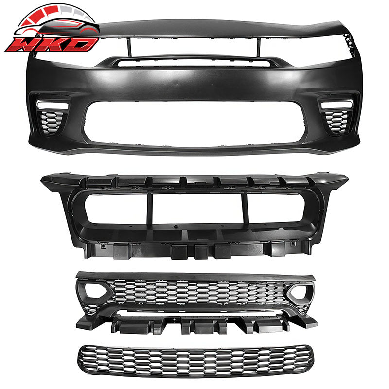 Fits 15-23 Charger PP Front Bumper W/ SRT Upper Lower Grille LED Foglight Cover