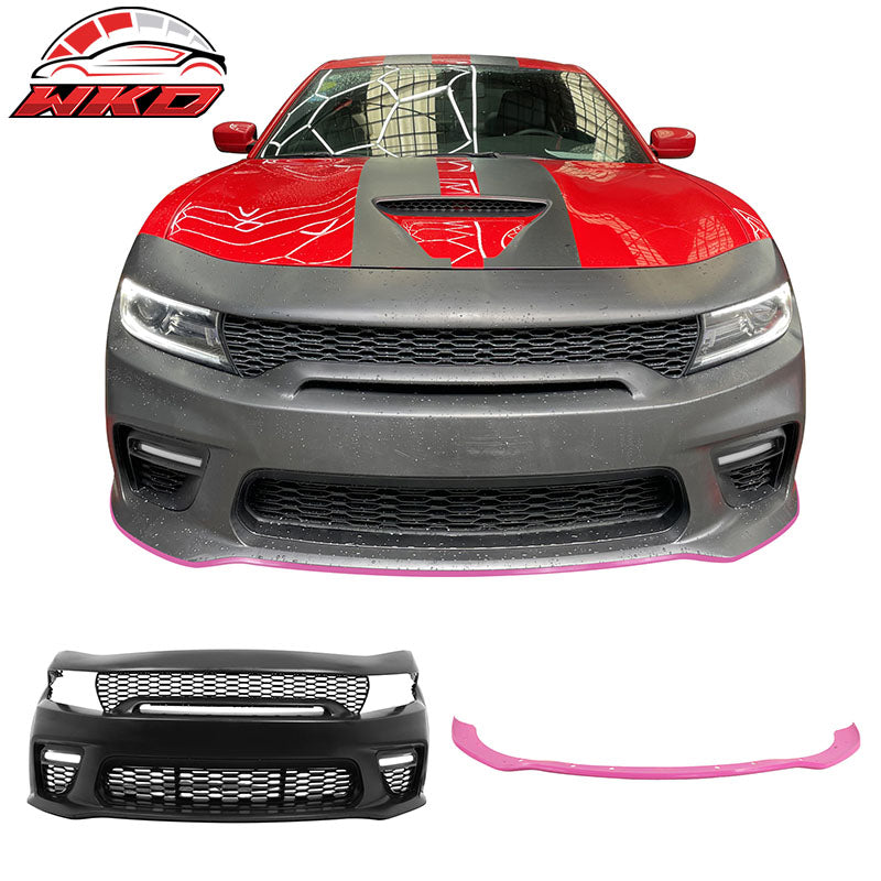 For 15-23 Charger Upper Lower Grilles Front Bumper Conversion W/ Pink Lip LED PP