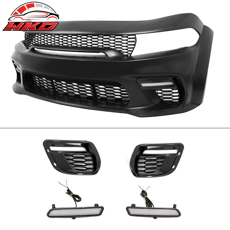 For 15-23 Charger Upper Lower Grilles Front Bumper Conversion W/ Pink Lip LED PP