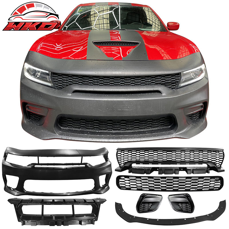 Fits 15-23 Charger Upper Lower Grilles Front Bumper Cover W/ Matte Black Lip PP