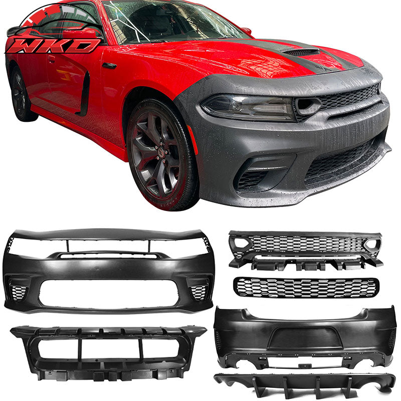 For 15-23 Charger PP Front Bumper w/ SRT Grille Foglight Cover+Rear Bumper Cover