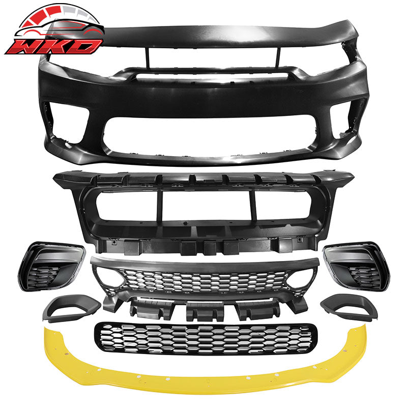 Fits 15-23 Charger SRT Upper Lower Grilles Front Bumper Cover W/ Yellow Lip - PP