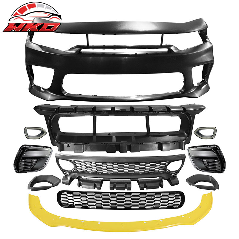 For 15-23 Charger SRT Upper Lower LED Grille Front Bumper Cover W/ Yellow Lip PP
