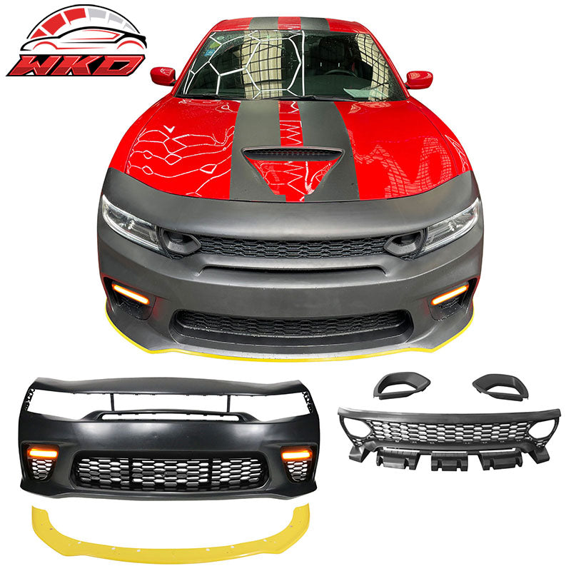 For 15-23 Charger SRT Upper Lower Grilles Front Bumper Cover Yellow Lip PP LED