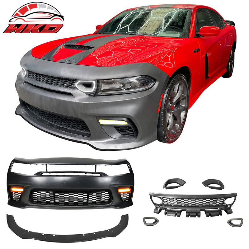 Fits 15-23 Charger SRT Upper Lower Grille Bumper Cover W/ Matte Black Lip PP LED