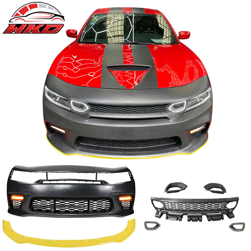 Fits 15-23 Charger SRT Upper Grilles Front Bumper Cover W/ Yellow Lip PP LED