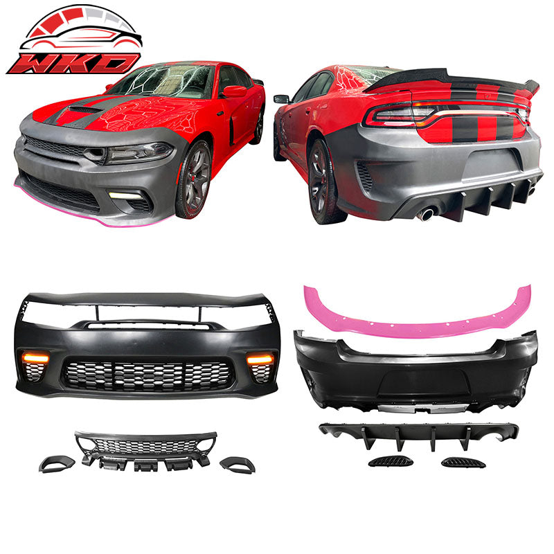 Fits 15-23 Charger SRT Upper Lower Grilles Front Bumper Cover W/ Pink Lip PP LED