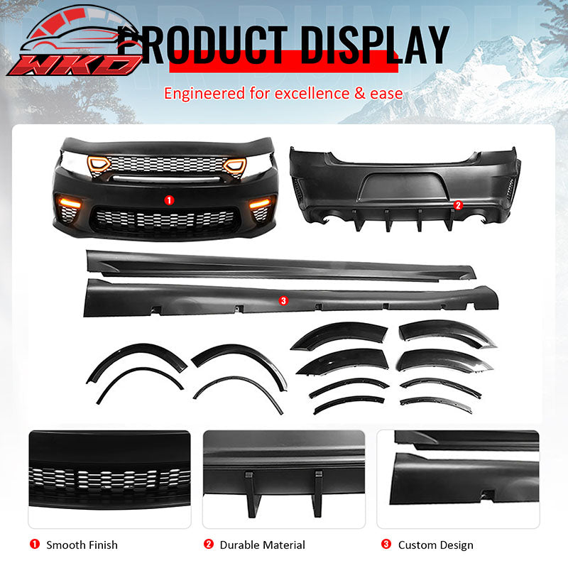 For 15-23 Charger Widebody LED Front Rear Bumper Cover W/ SRT Grille Matte Black