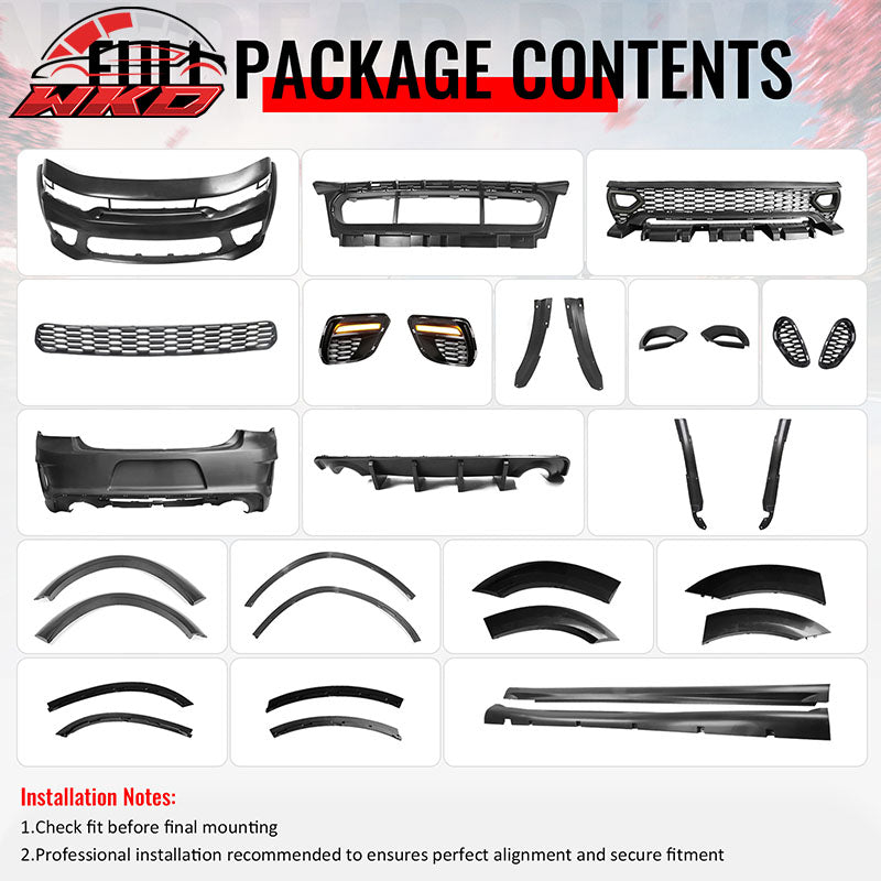 For 15-23 Charger Widebody LED Front Rear Bumper Cover W/ SRT Grille Matte Black