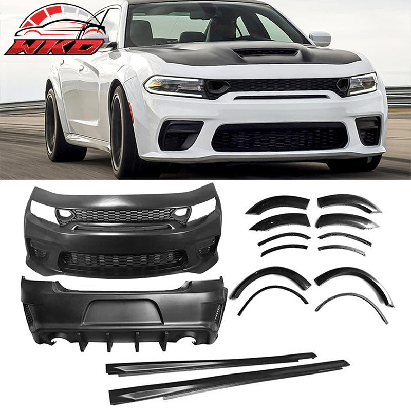 Fits 15-23 Charger Widebody Bumper Covers W/ SRT Grilles + Matte Black Diffuser