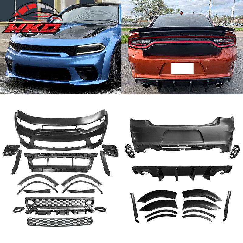 Fits 15-23 Charger Widebody Bumper Covers W/ SRT Grilles + Gloss Black Diffuser