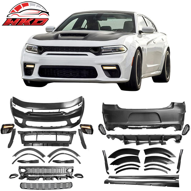 For 15-23 Charger Widebody LED Bumper Covers W/ SRT Grilles Matte Black Diffuser