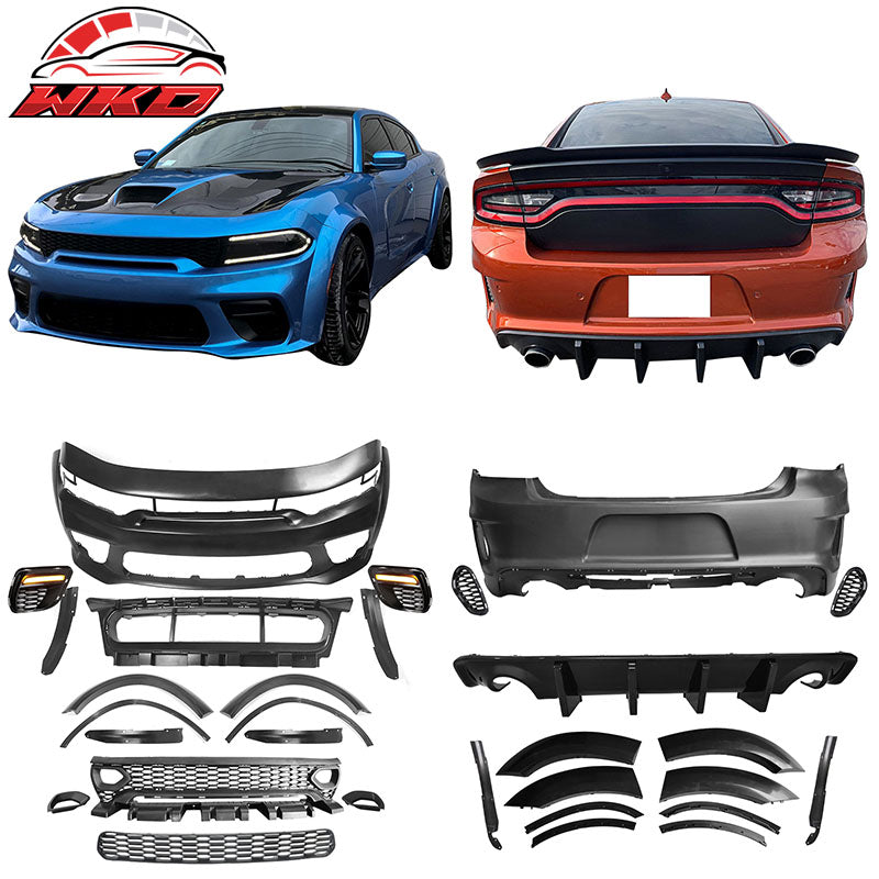 For 15-23 Charger Widebody LED Bumper Covers W/ SRT Grilles Gloss Black Diffuser