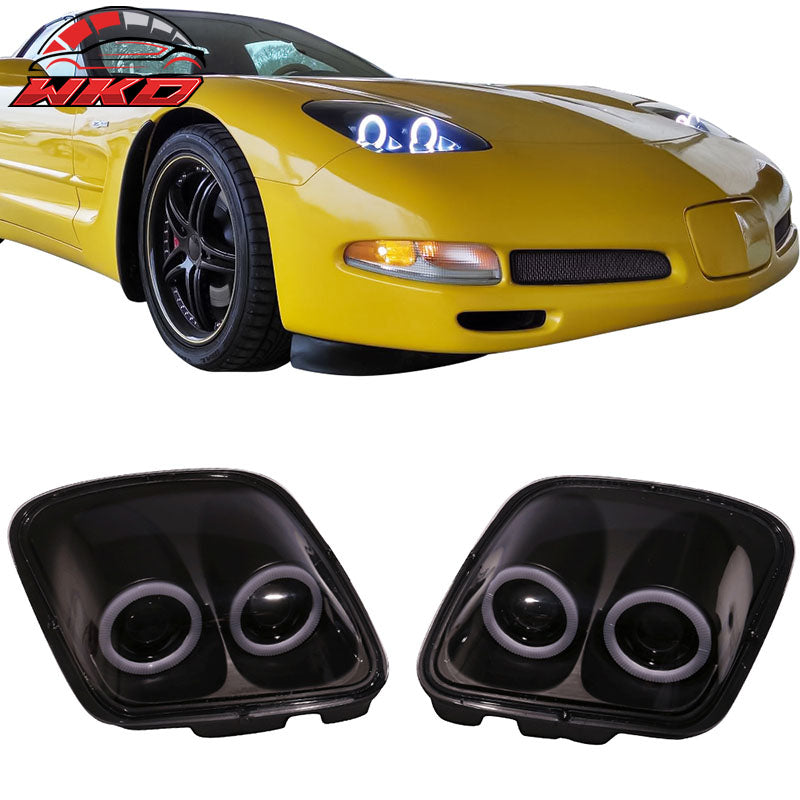 Fits 97-04 Chevy Corvette C5 Headlights Projector Lamp Black Dual LED Halo Rims