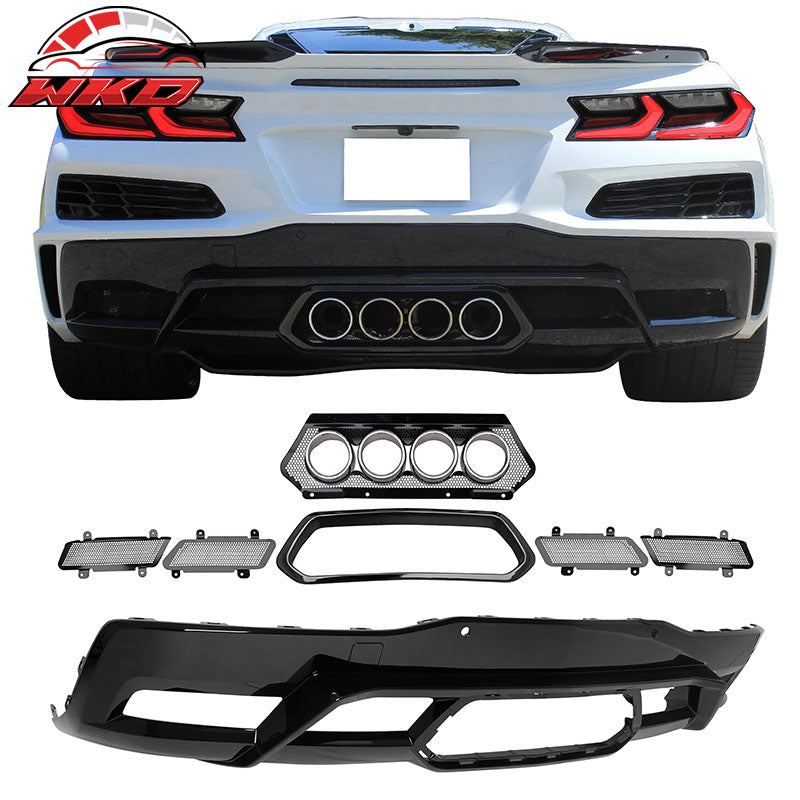 For 20-26 Chevy Corvette C8 Rear Diffuser Lip Silver Quad Exhaust Tip + Grille