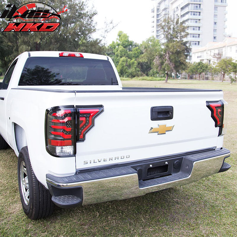 Fits 14-19 Silverado 1500 2500 LED Tail Lights Clear Lens Black Housing Red Bar