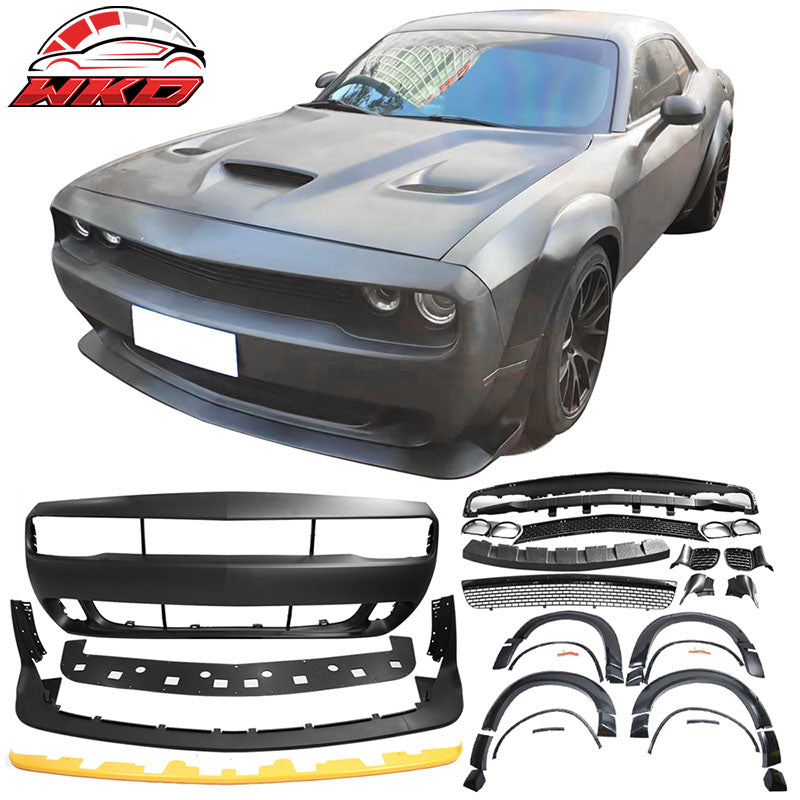 Fits 15-23 Dodge Challenger Demon Style Front Bumper Cover&Lip + Fender Flare PP