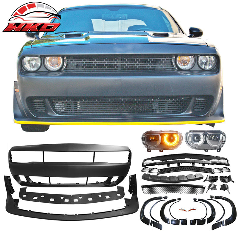Fits 08-14 Challenger Front Bumper Cover + Demon Lip + Fender Flare + Headlights