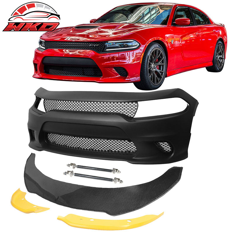 Fits 15-23 Dodge Charger SRT8 Hellcat Front Bumper Cover&Front Lip&Splitter Rod