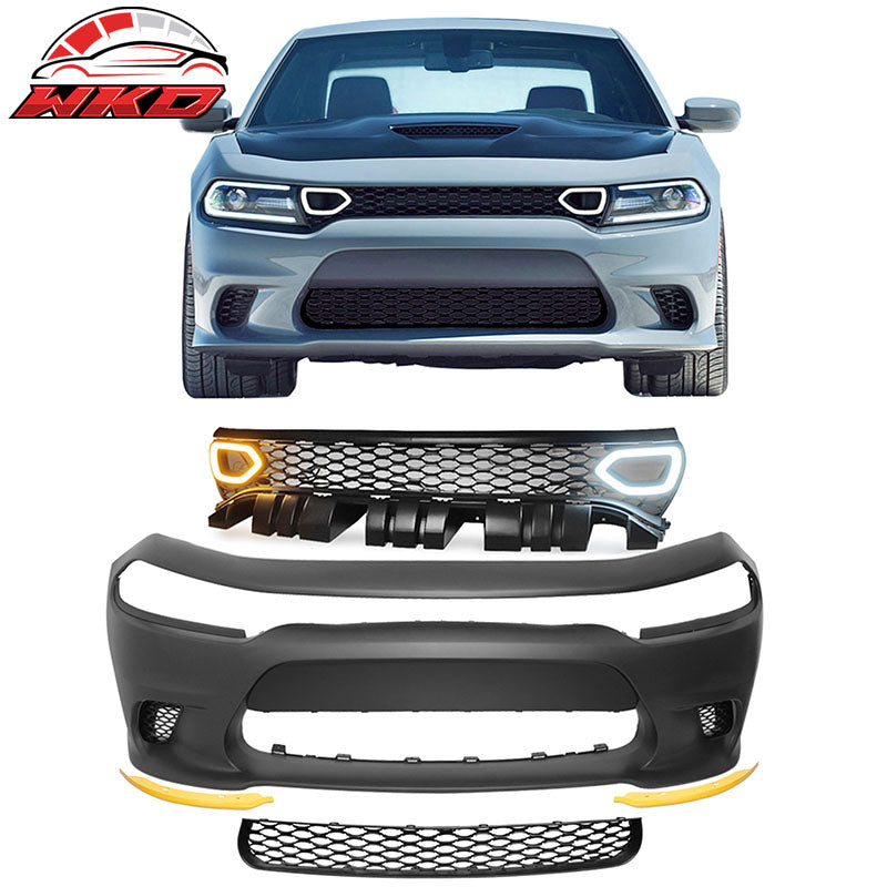 Fits 15-23 Dodge Charger Front Bumper Cover + Yellow Splitter + Grille w/ Lights