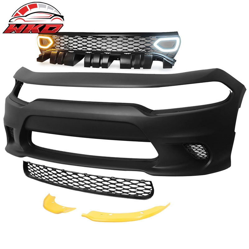 Fits 15-23 Dodge Charger Front Bumper Cover + Yellow Splitter + Grille w/ Lights