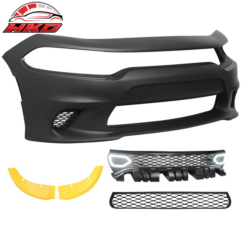 Fits 15-23 Dodge Charger Front Bumper Cover + Yellow Splitter + Grille w/ Lights