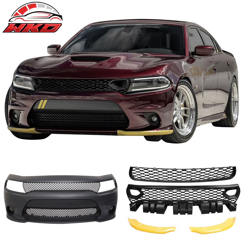 Fits 15-23 Dodge Charger Front Bumper + Foglights + Updated 2019 Style Grilles