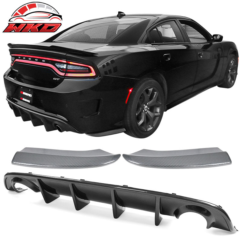Fits 15-23 Dodge Charger Rear Bumper Diffuser + Side Aprons Carbon Fiber Print