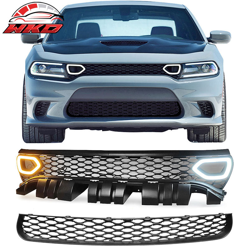 Fits 15-23 Dodge Charger SRT Style Front Upper & Lower Grille w/ LED Lights